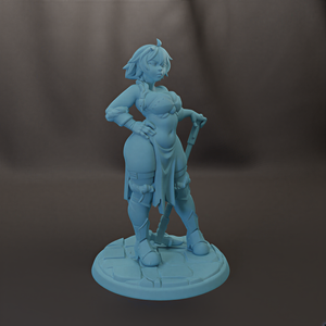 A 3D model of a female character with short hair and a determined expression, standing on a pedestal and holding a sword.