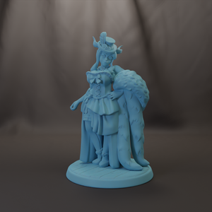A light blue figurine of a woman with a large hat and a flowing dress, standing on a circular base.