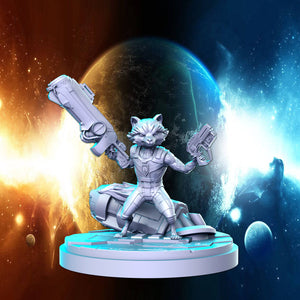 a statue of a rocket raccoon holding a gun in front of a space