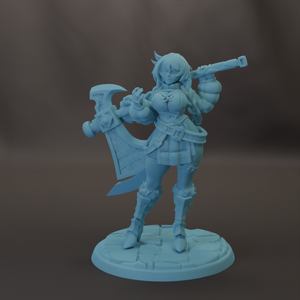 A figurine of a female character with a sword and shield, standing on a base.