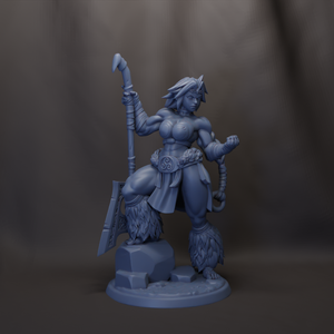 A 3D model of a female warrior figure, holding a spear and shield, standing on a rock.