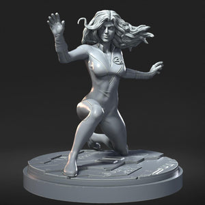 A 3D rendering of a female superhero statue with flowing hair and a determined expression, standing on a platform with a futuristic-looking base.