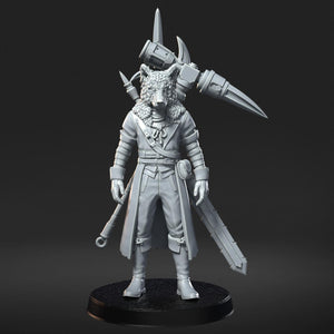 A 3D rendering of a character with a wolf-like appearance, wearing a long coat and holding a large weapon.