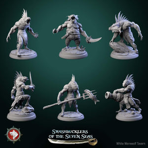 The image is a collage of six different figurines of fantastical creatures, likely representing characters from a fantasy game. The figurines are arranged in a grid-like pattern against a dark green background.