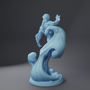 a blue sculpture of a person on a wave