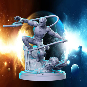 a statue of a man on a chair in front of a space background