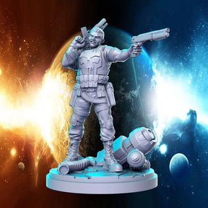 a statue of a man holding a gun in front of a space background