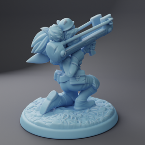 a blue plastic figurine holding a gun