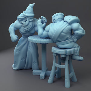 Arm Wrestling Dwarf and Musclebound Wizard Tavern 28mm 32mm or 54mm Miniatures