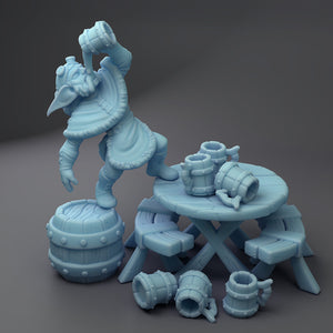 Drinky the Goblin w/ 6 Mugs, Table, Benches, and Keg 28mm, 32mm, or 54mm Tavern Miniatures