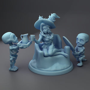 Cutesy Sand Witch Necromancer and Skeletons 28mm or 32mm Halloween and RPG Miniatures