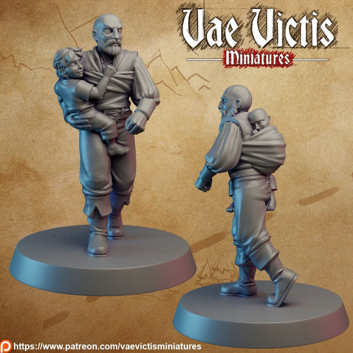 Dad w/ Kids NPC Father 28mm or 32mm Miniatures